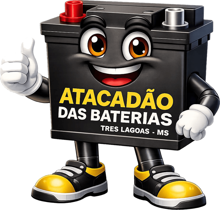 Mascote do Atacadão das Baterias: uma bateria simpática fazendo joia