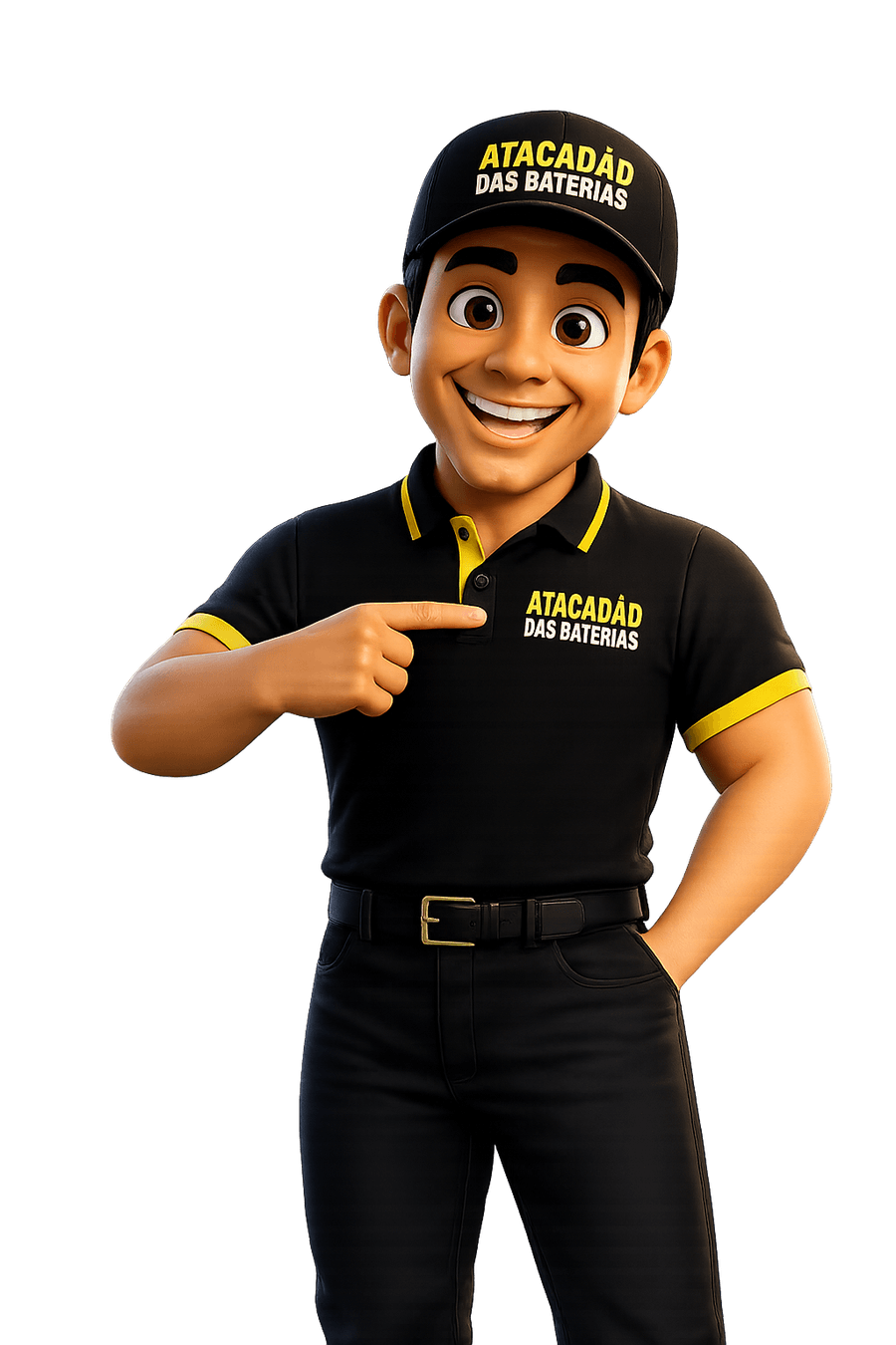 Mascote do atendente do Atacadão das Baterias apontando para o botão de WhatsApp